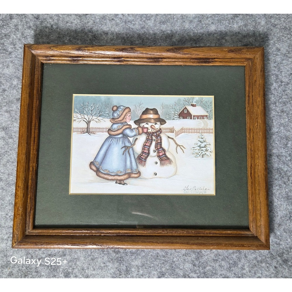 Vintage Gail Callahan Winter Art Prints Set 2 Framed Snowman Folk Art 1995 1996